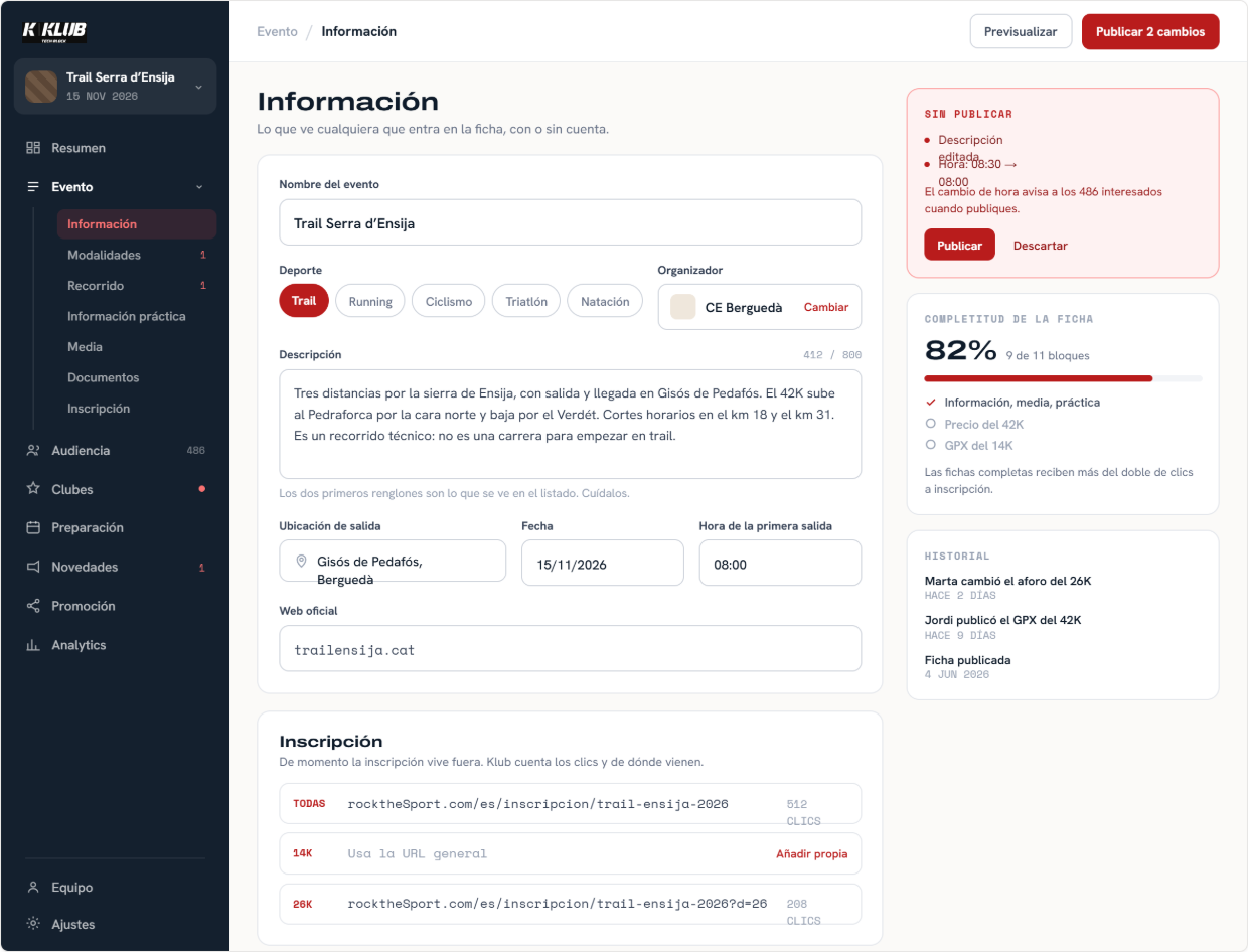 El editor de un evento en Gruppo, con sus modalidades y su recorrido