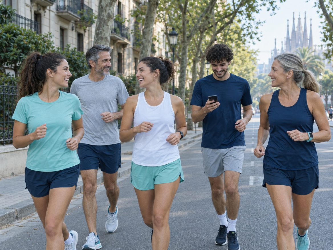 Corredores saliendo juntos a trotar por una calle con árboles