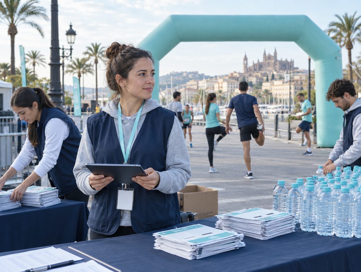 Una organizadora con su tableta en la mesa de dorsales de una carrera